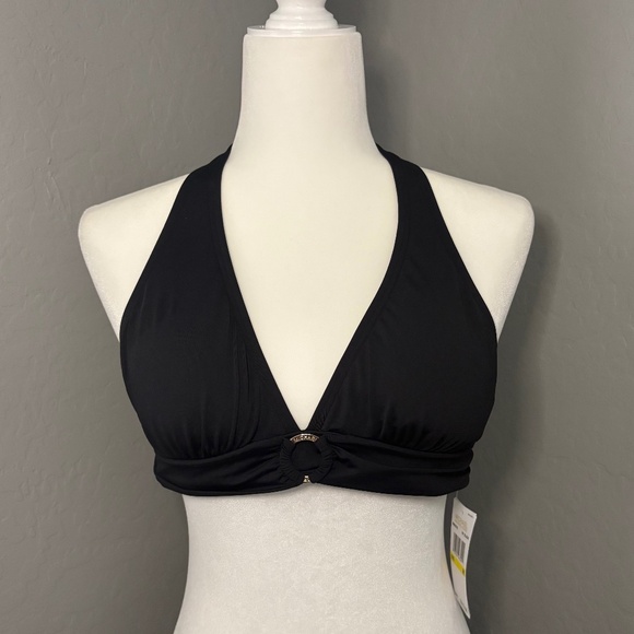 MICHAEL Michael Kors Womens Gold Tone Logo-Ring Black Halter‎ Bikini Top M - Picture 1 of 7